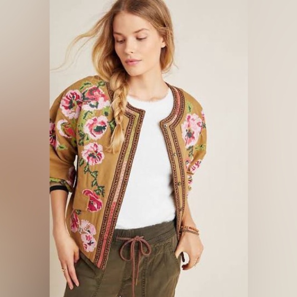 Anthropologie Needlepoint Bomber Jacket